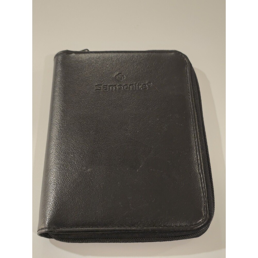Samsonite Travel Wallet Passport Organizer Zip Around Black Faux Leather Card...
